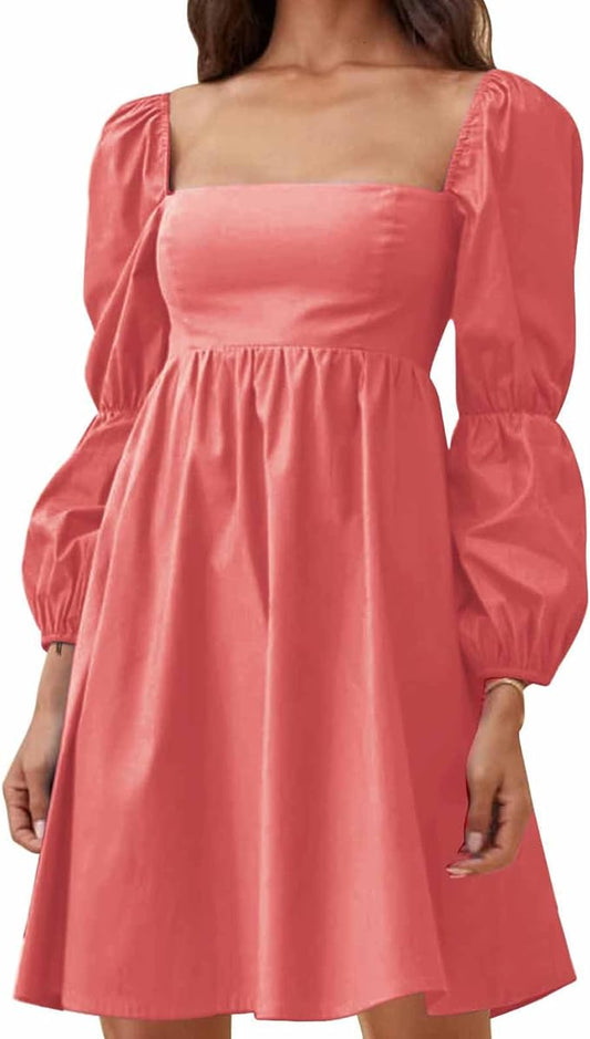 EXLURA Womens 2025 Square Neck Dress Long Puff Sleeve A-Line Casual Short Mini Dresses