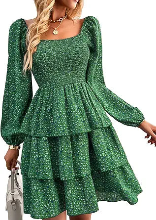 BTFBM Womens Long Sleeve Dress Vacation Square Neck Smocked Floral Swiss Dot Mini Boho Fall Wedding Guest Dresses 2025