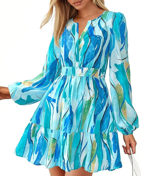 BTFBM Fall Dresses for Women 2025 Long Sleeve Elastic Waist Mini Wedding Guest Dress Boho Floral Beach Vacation Clothes
